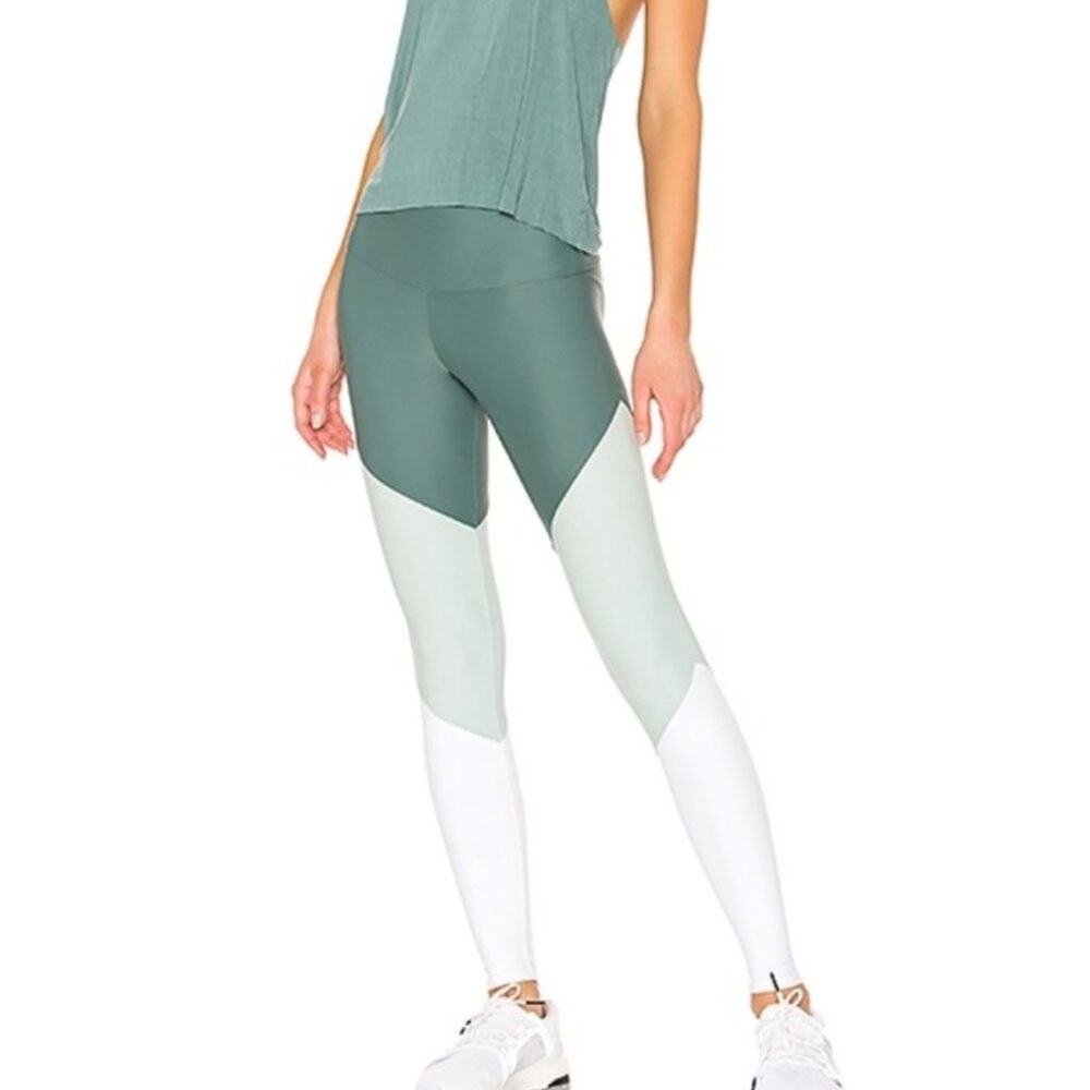 Onzie NEW High Rise Color Block Track Legging Cacti Combo White Green XS